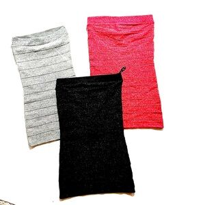 Set of 3 Stylish Women's Body Con Stretch Mini Dresses - Black, Silver & Red